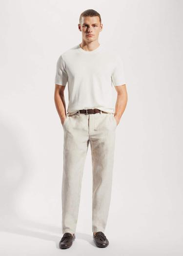  Mango Erkek Slim Fit %100 Keten Pantolon Ekru
