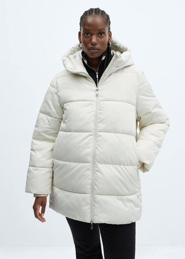 Mango Kadın Kapüşonlu Kapitone Anorak Kırık Beyaz