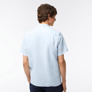  Lacoste Erkek Regular Fit Kısa Kollu Düğmeli Yaka Keten Mavi Gömlek