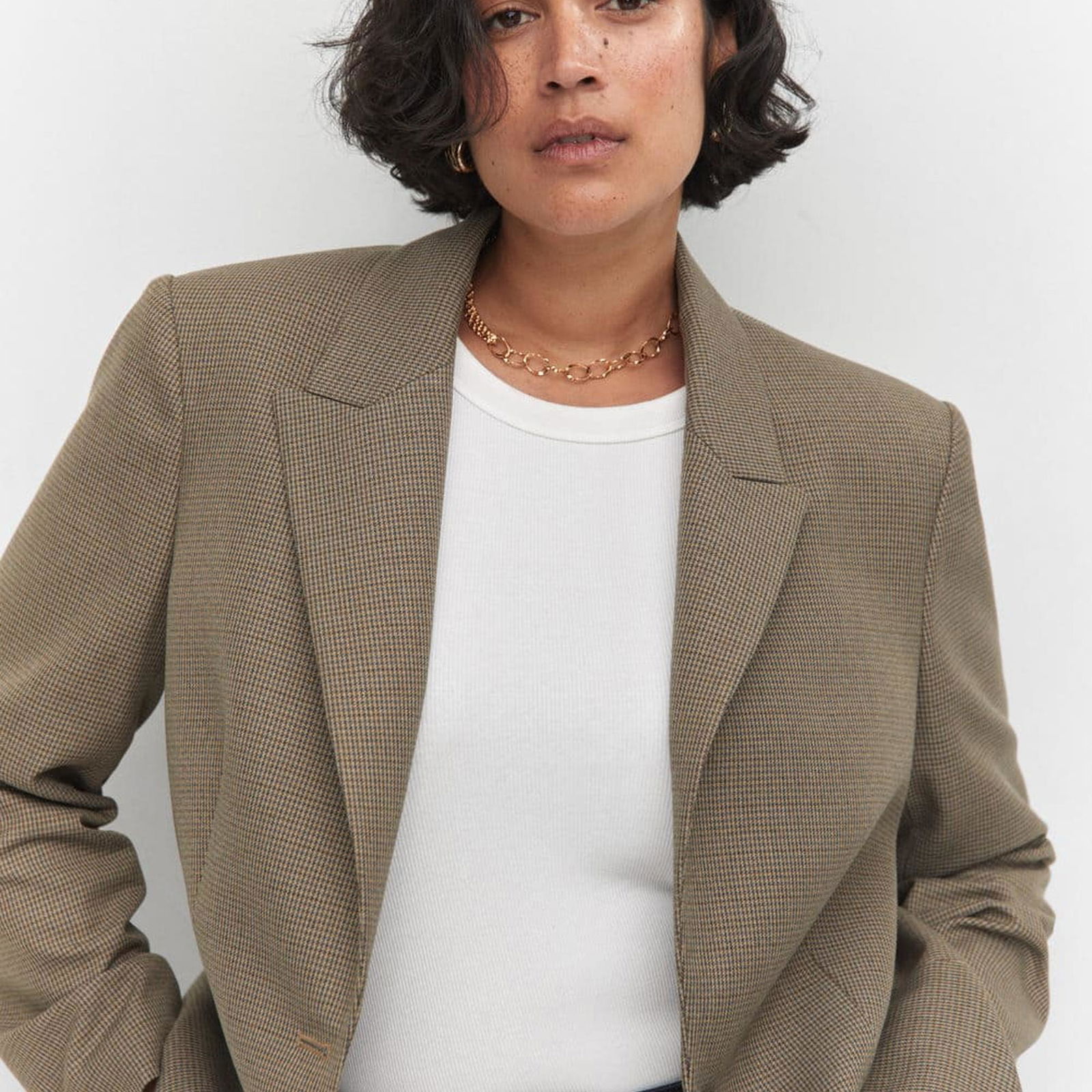 Mango Kadın Kazayağı Desenli Yün Blazer Ceket Kahverengi