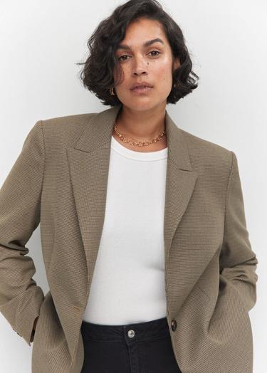 Mango Kadın Kazayağı Desenli Yün Blazer Ceket Kahverengi