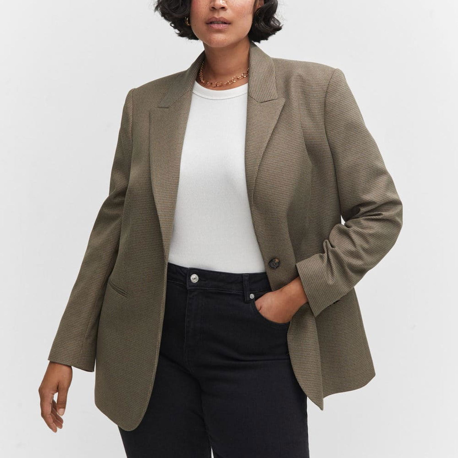 Mango Kadın Kazayağı Desenli Yün Blazer Ceket Kahverengi