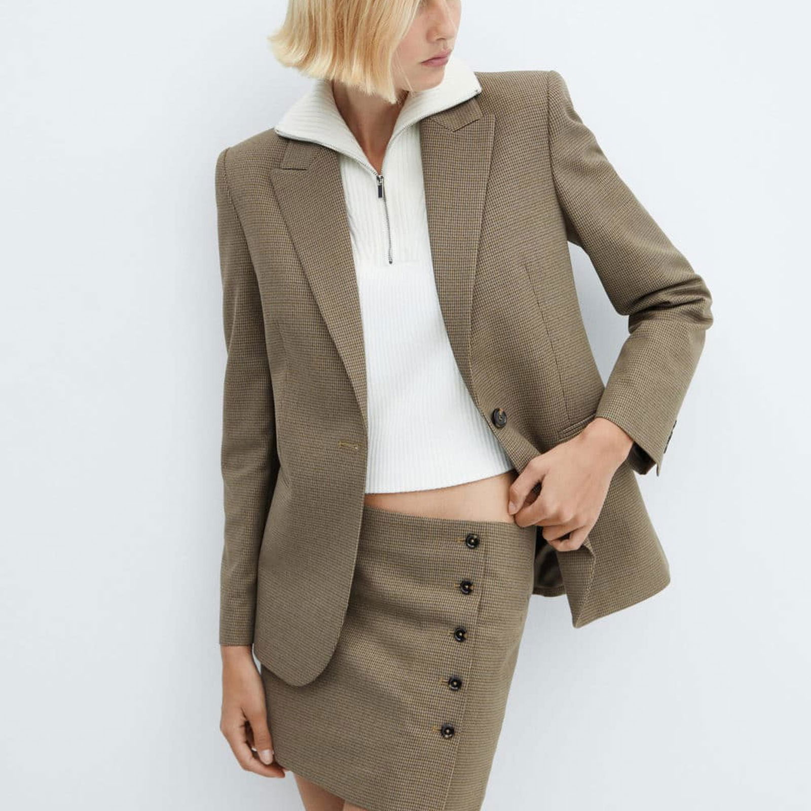 Mango Kadın Kazayağı Desenli Yün Blazer Ceket Kahverengi