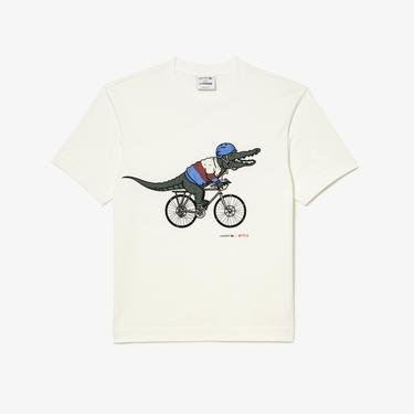  Lacoste x Netflix Erkek Relaxed Fit Bisiklet Yaka Baskılı Bej T-shirt