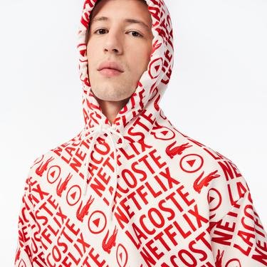  Lacoste x Netflix Erkek Loose Fit Kapüşonlu Baskılı Kırmızı Sweatshirt