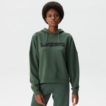  Lacoste Kadın Crop Fit Kapüşonlu Baskılı Yeşil Sweatshirt