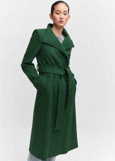  Mango Kadın Kemerli Yün Palto Yeşil