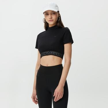  Lacoste Kadın Slim Fit Dik Yaka Baskılı Siyah T-Shirt