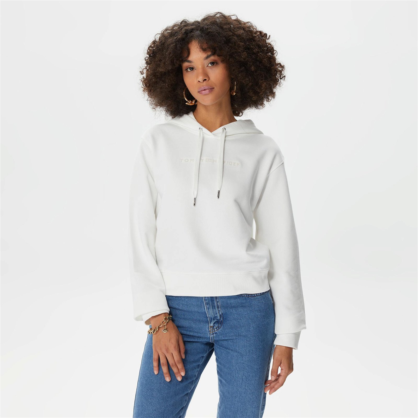 Tommy Hilfiger Regular Frosted Corp Logo Hoodie Kadın Beyaz Sweatshirt