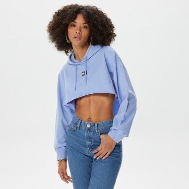  Tommy Jeans Spr Crop Xs Badge Hoodie Kadın Mavi Sweatshirt