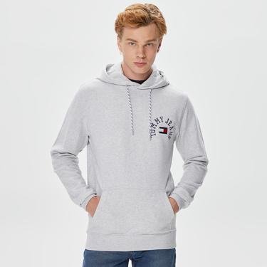  Tommy Jeans Regular Arched Logo Hoodie Erkek Gri Sweatshirt
