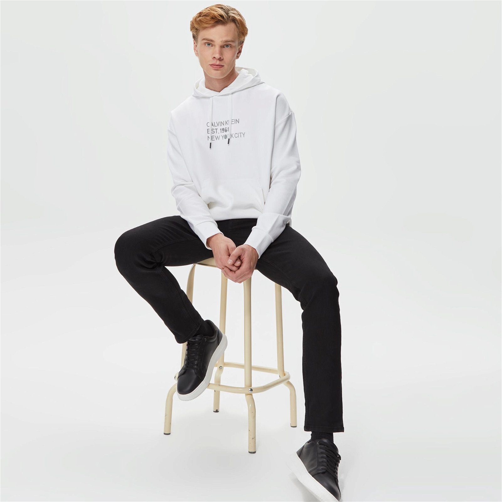 Calvin Klein Mixed Print Stencil Logo Beyaz Erkek Sweatshirt