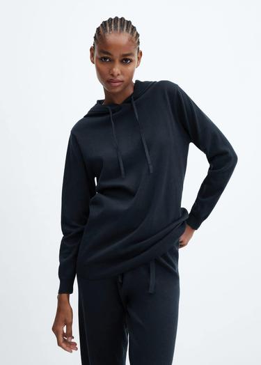 Mango Kadın Pamuk Ve Keten Kapüşonlu Pijama Sweatshirt Lacivert