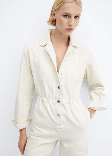  Mango Kadın Uzun Denim Tulum Ekru