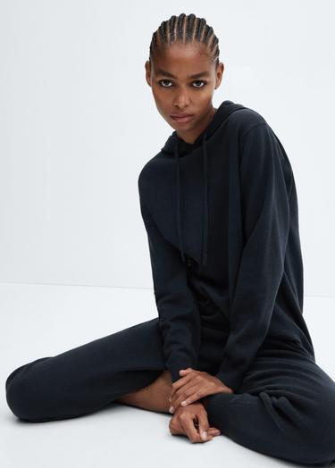  Mango Kadın Pamuk Ve Keten Kapüşonlu Pijama Sweatshirt Lacivert