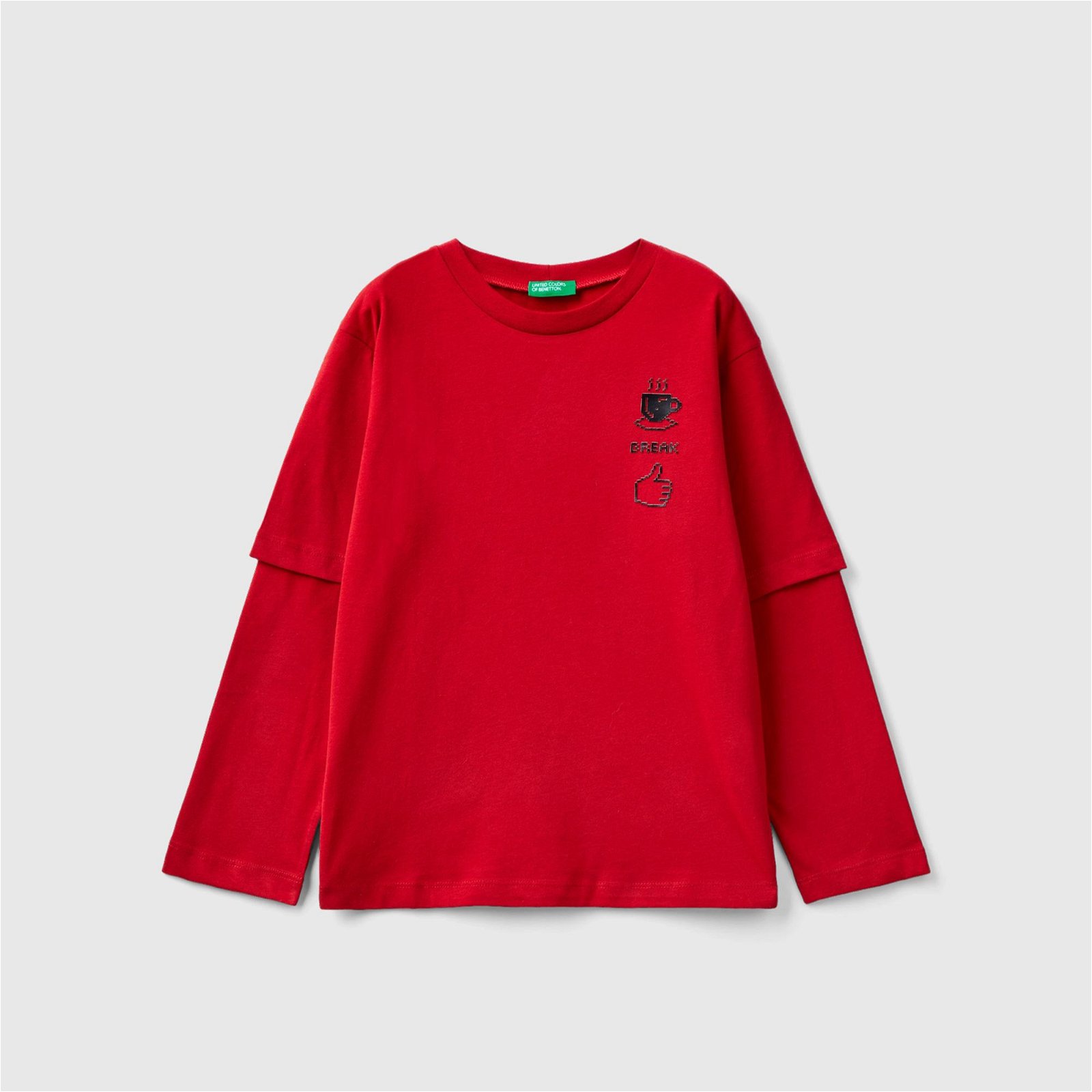 Benetton Çift Kollu Slogan Baskılı Çocuk Kırmızı T-Shirt