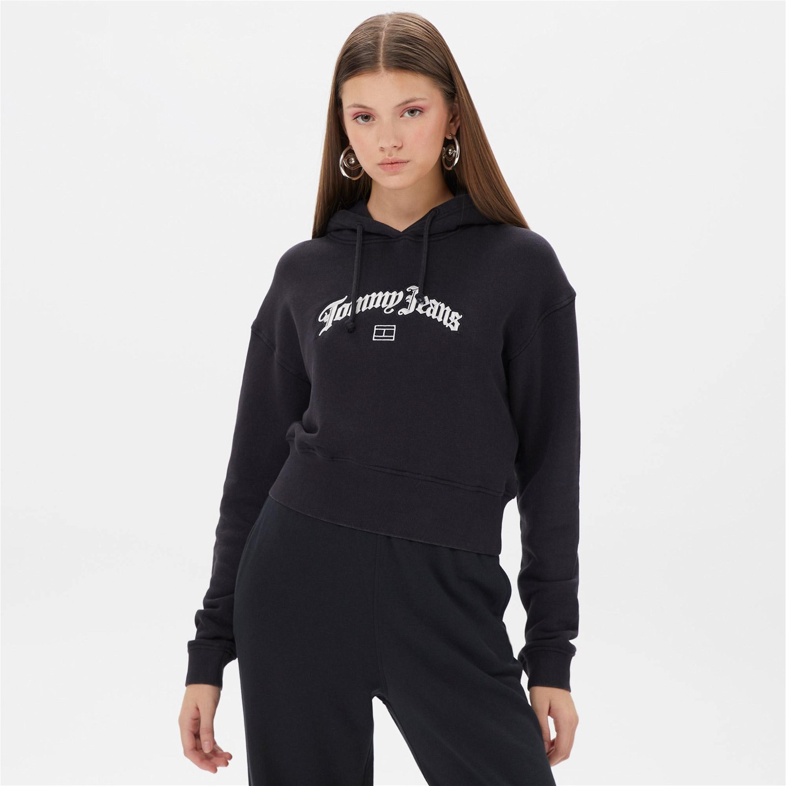 Tommy Jeans Crop Grunge Hoodie Kadın Siyah Sweatshirt