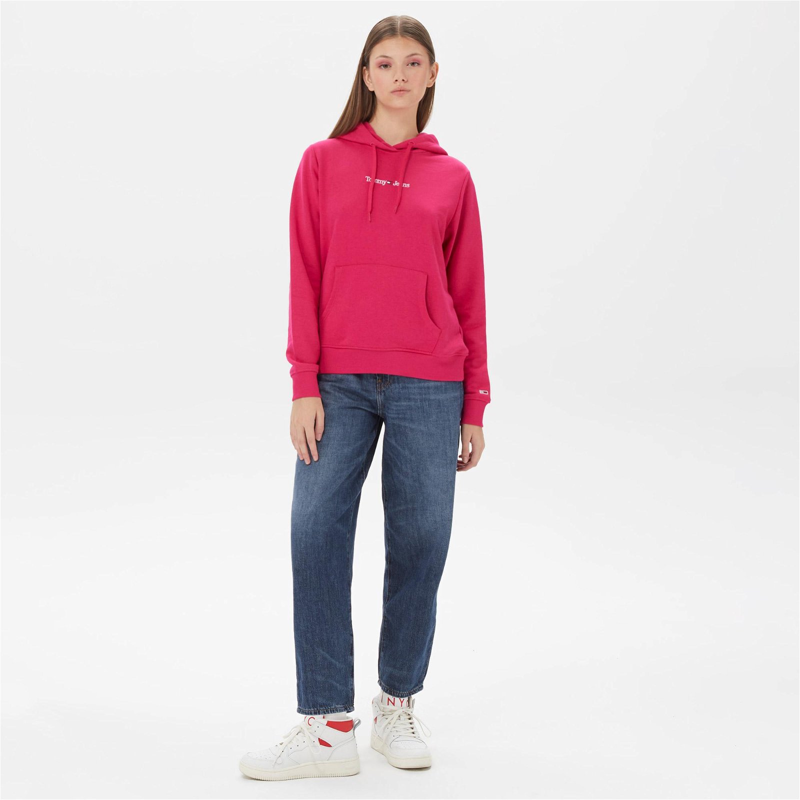 Tommy Jeans Regular Serif Linear Hoodie Kadın Pembe Sweatshirt