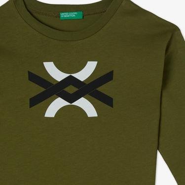  Benetton Kesik Logo Baskılı Çocuk Haki T-Shirt