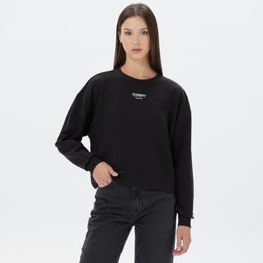  Tommy Jeans Relax Crop Essential Logo Crew Kadın Siyah Sweatshirt