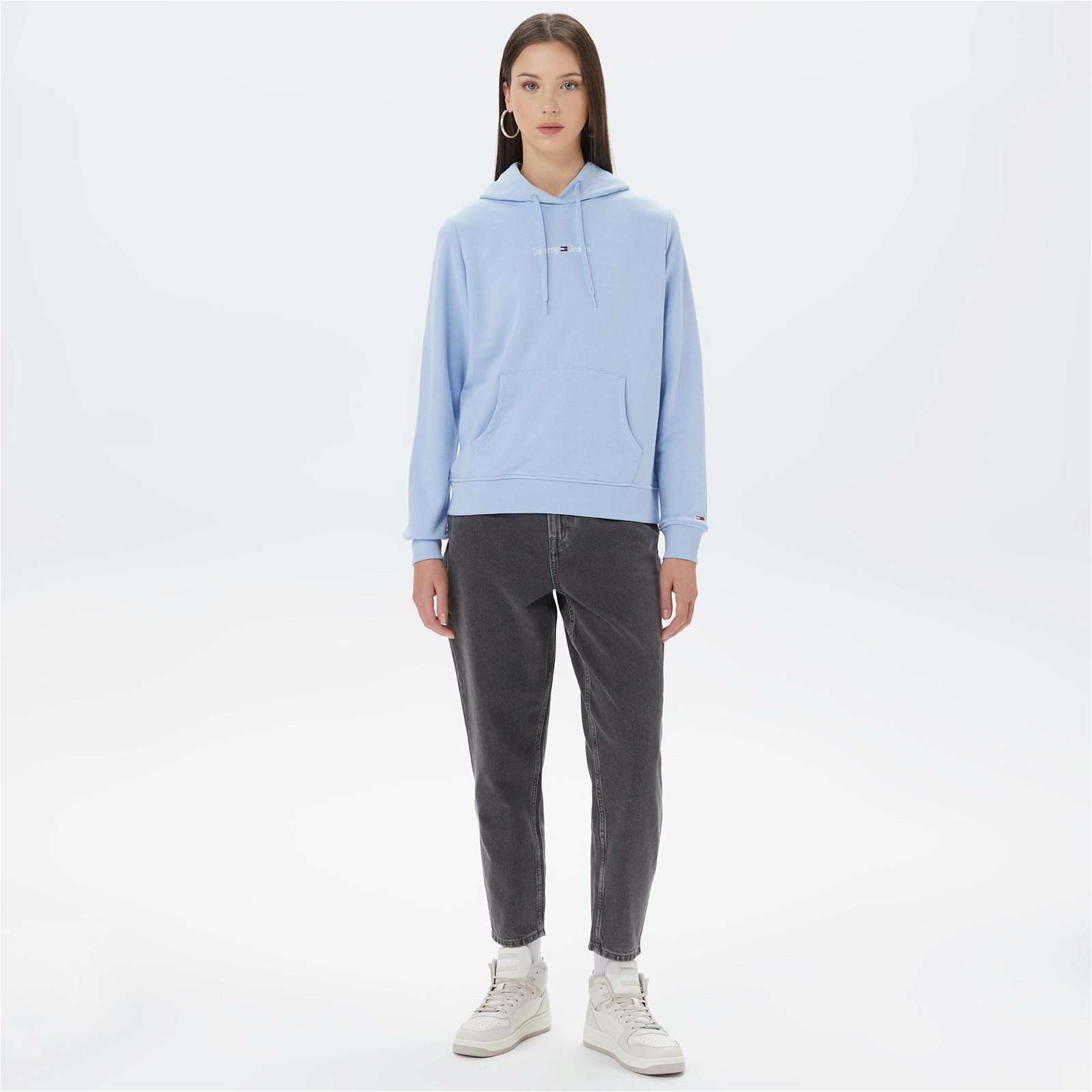 Tommy Jeans Regular Serif Linear Hoodie Kadın Mavi Sweatshirt