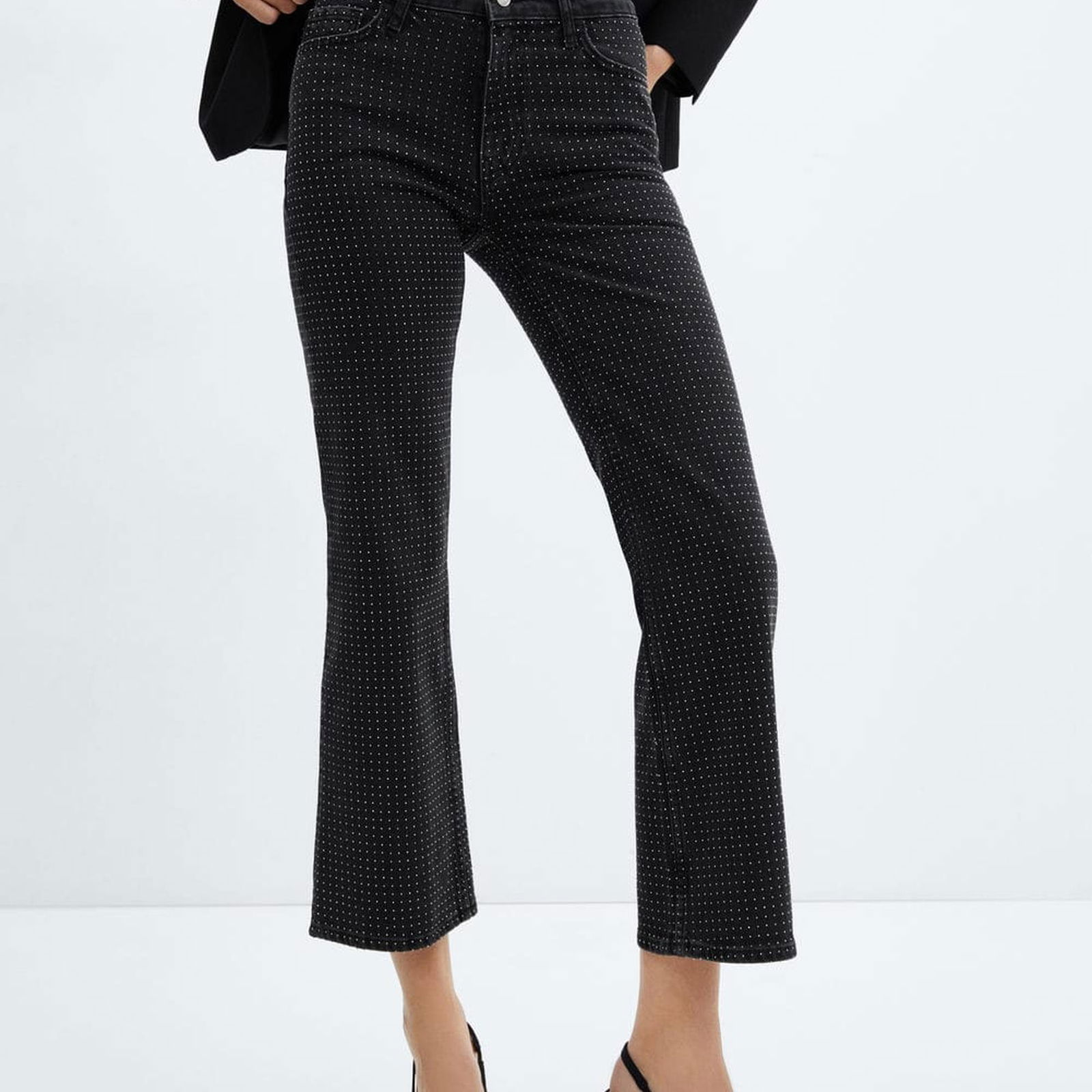 Mango Kadın Stras Taşlı Flare Jean Pantolon Gri