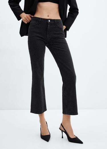  Mango Kadın Stras Taşlı Flare Jean Pantolon Gri