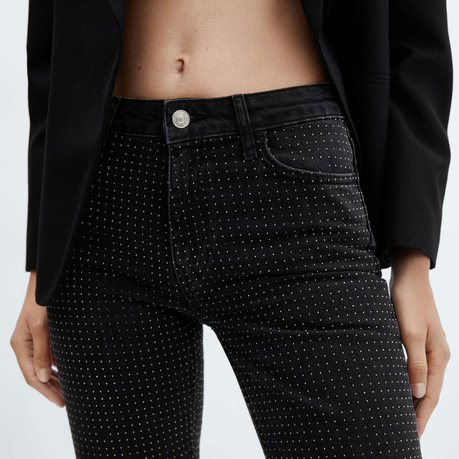 Mango Kadın Stras Taşlı Flare Jean Pantolon Gri