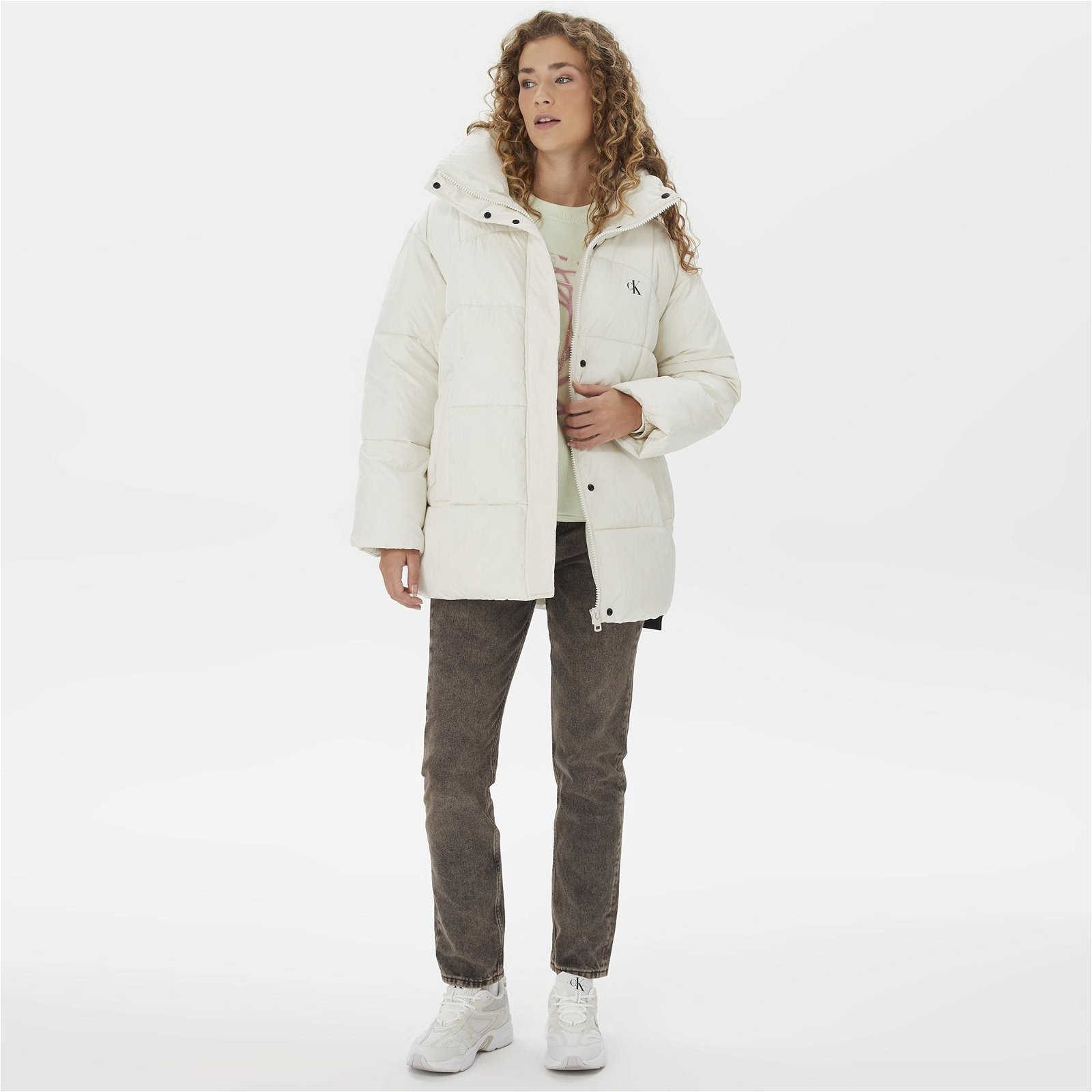 Calvin Klein Jeans ed Long Puffer Kadın Beyaz Mont