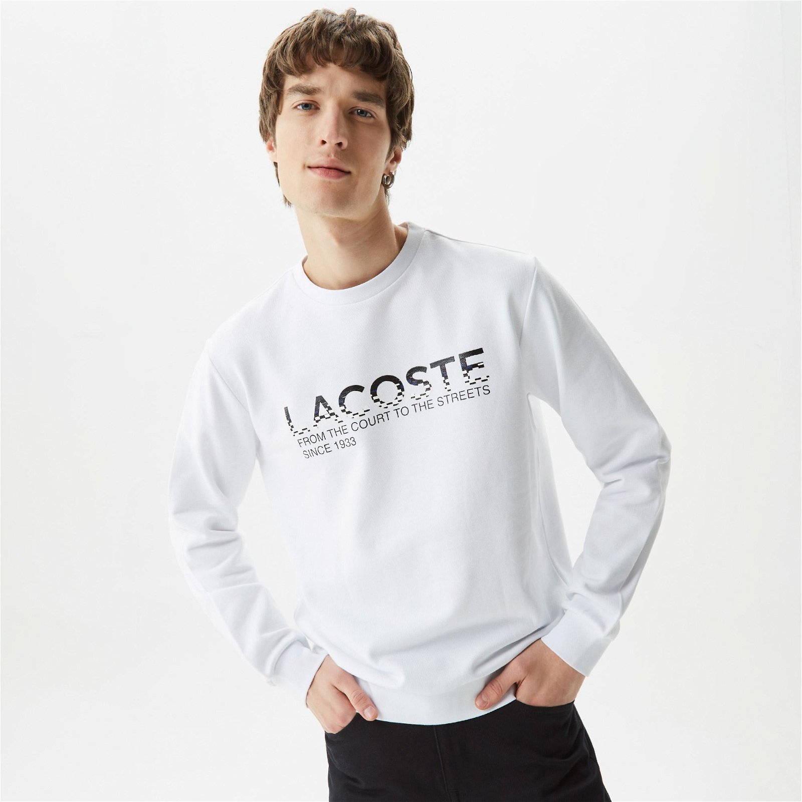 Lacoste Erkek Classic Fit Bisiklet Yaka Baskılı Beyaz Sweatshirt