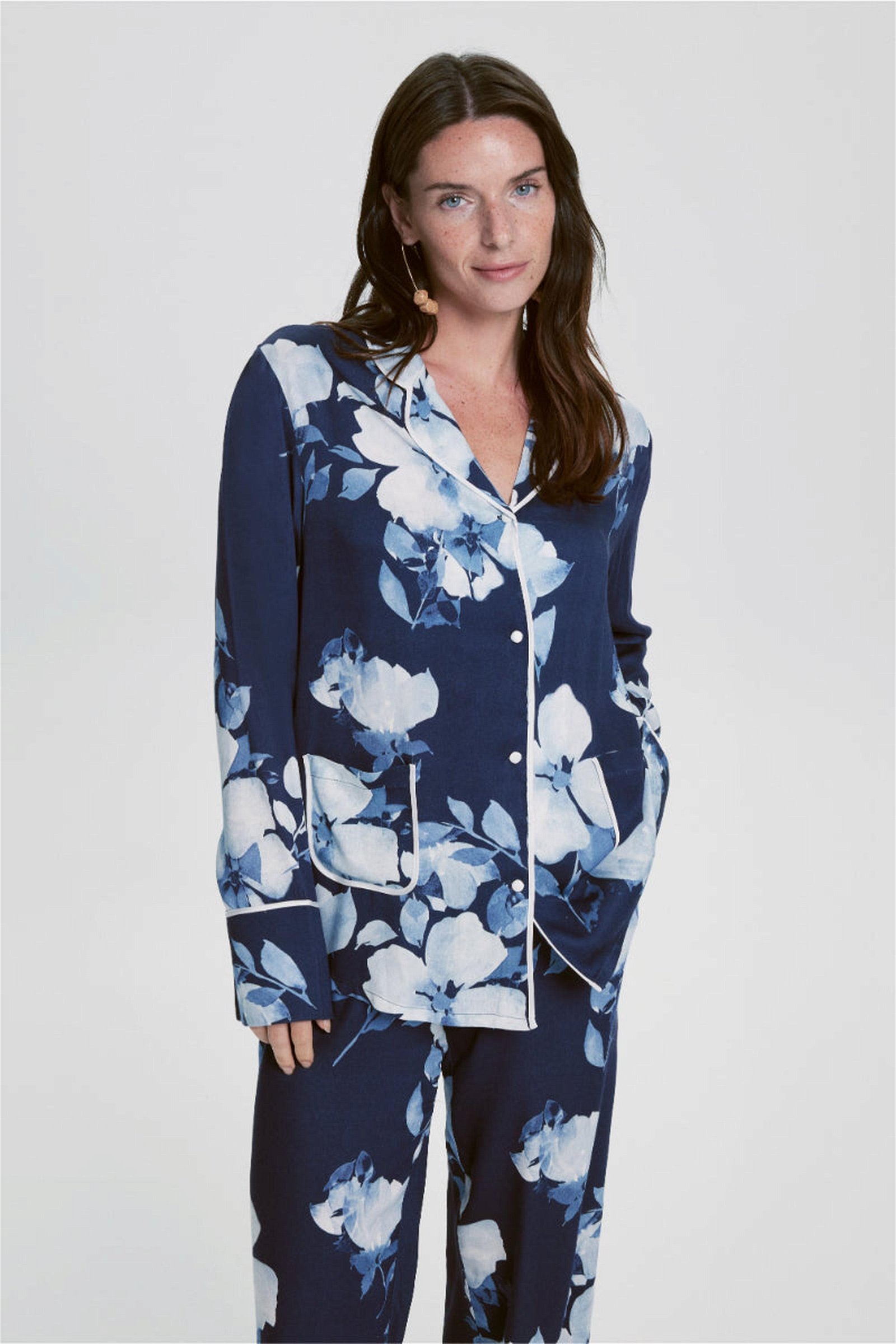 Lavinia Çiçek Desenli Viskon Kadın Pijama Takımı Lacivert