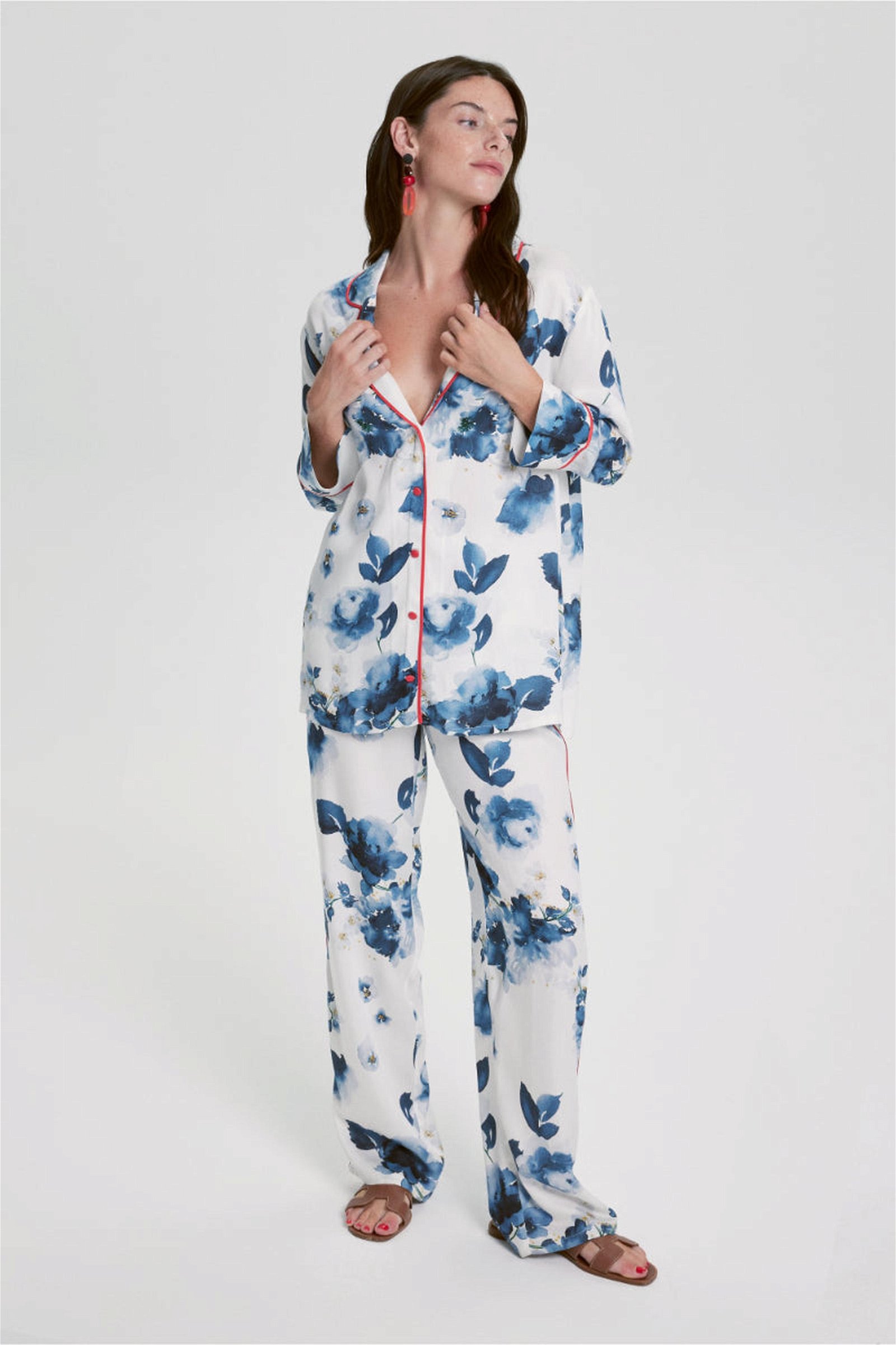 Lavinia Çiçek Desenli Viskon Kadın Pijama Takımı Beyaz