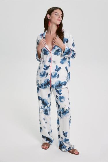  Lavinia Çiçek Desenli Viskon Kadın Pijama Takımı Beyaz