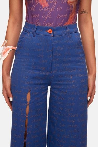  FFF Kadın Cut Out Pant Baskılı Cutout Detaylı Yüksek Bel Bol Paçalı Pantolon