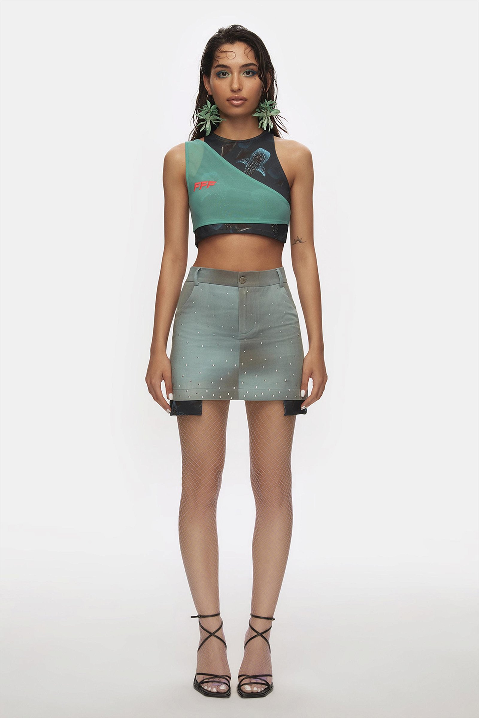 FFF Kadın Pearl Skırt Taş Baskılı Cep Detaylı Mini Etek