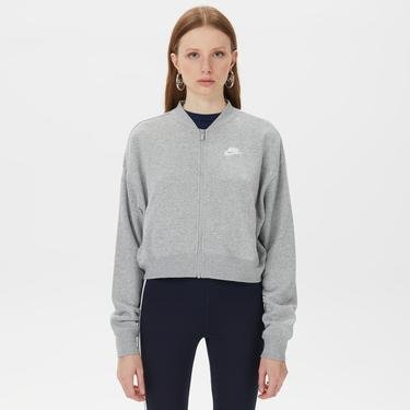  Nike Sportswear Club Fleece Oversize Crop Full Zip Kadın Gri Uzun Kollu T-Shirt