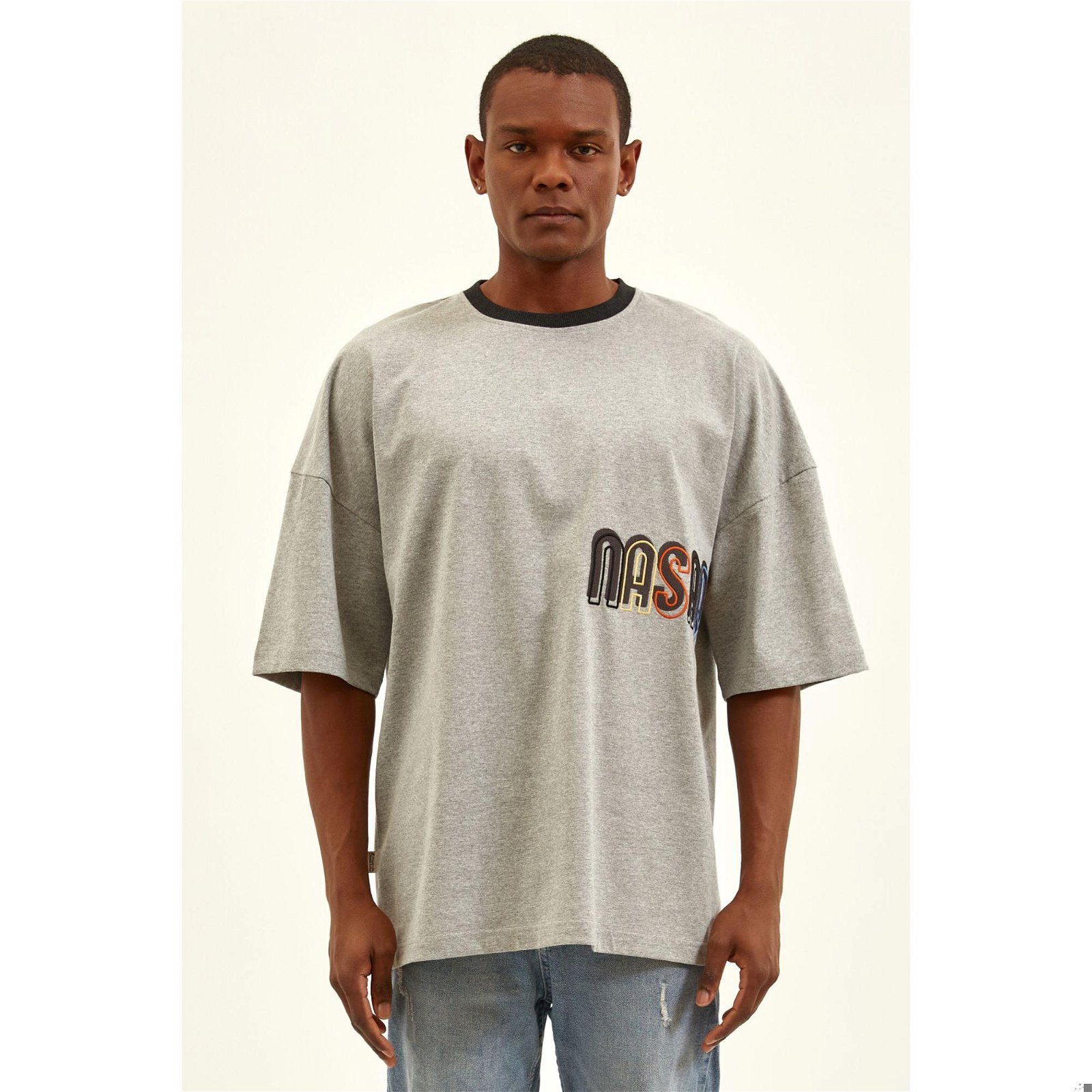 Nasaqu Erkek Düşük Omuzlu Oversize Gri Krom T-Shirt