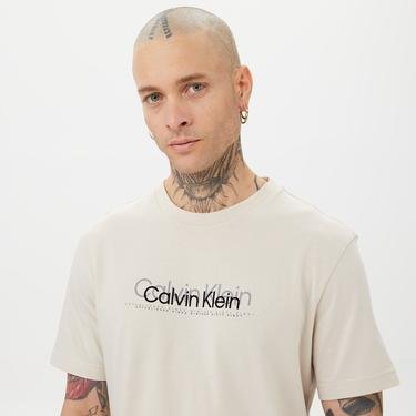  Calvin Klein Double Flock Logo Erkek Bej T-Shirt