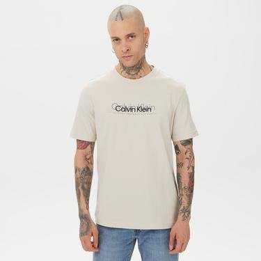  Calvin Klein Double Flock Logo Erkek Bej T-Shirt