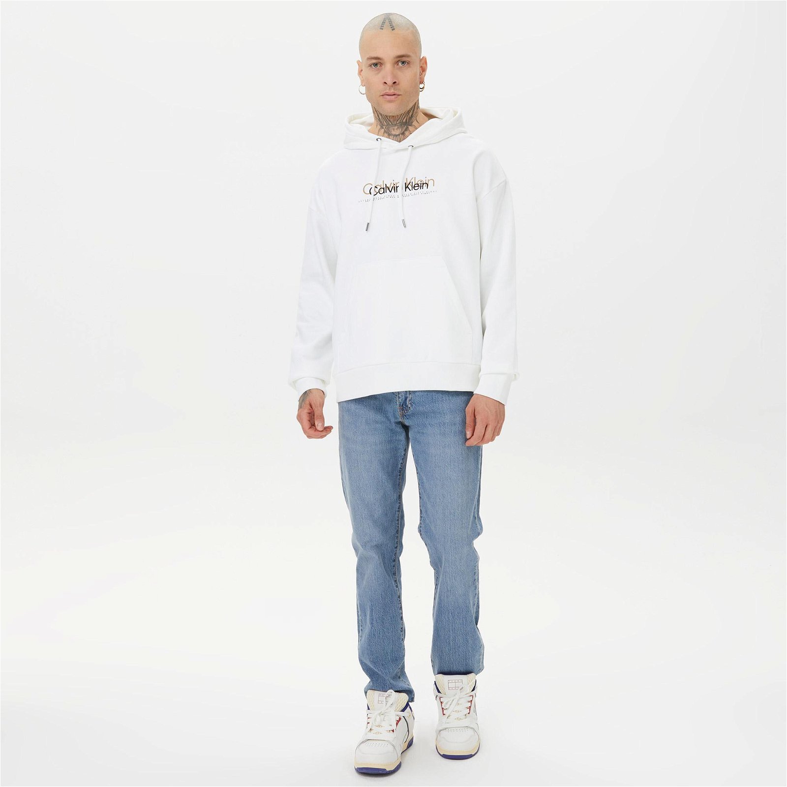 Calvin Klein Double Flock Logo Erkek Beyaz Sweatshirt