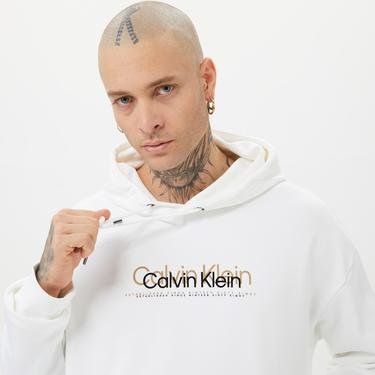 Calvin Klein Double Flock Logo Erkek Beyaz Sweatshirt