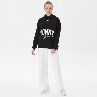 Tommy Hilfiger Oversize New Varsity Hoodie Kadın Siyah Sweatshirt