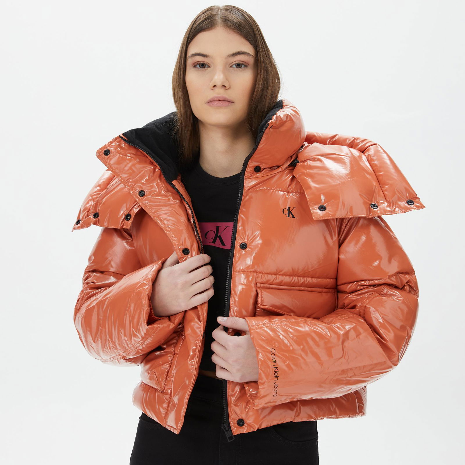 Calvin Klein Jeans High Shine Puffer Kadın Turuncu Mont