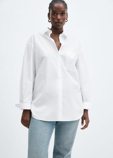 Mango Kadın Geniş Kesimli Cepli Gömlek Beyaz