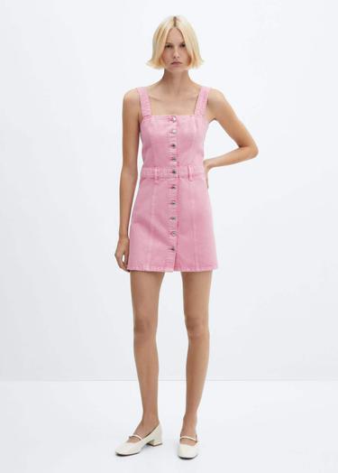  Mango Kadın Düğmeli Denim Elbise Şeker Pembe