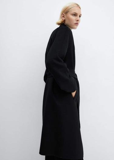  Mango Kadın El Yapımı Kemerli Yün Palto Siyah
