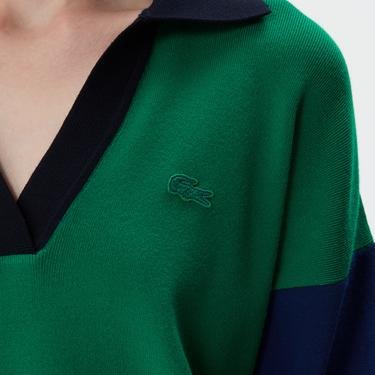  Lacoste Kadın Regular Fit Polo Yaka Renk Bloklu Yeşil Kazak