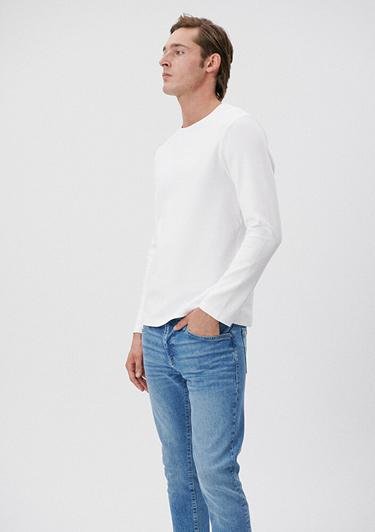  Mavi Uzun Kollu Beyaz Basic Tişört Slim Fit / Dar Kesim 064622-20454