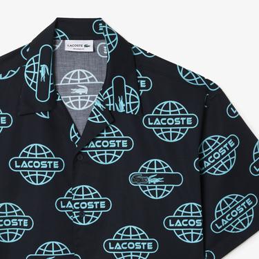  Lacoste Erkek Relaxed Fit Kısa Kollu Desenli Siyah Gömlek