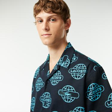  Lacoste Erkek Relaxed Fit Kısa Kollu Desenli Siyah Gömlek